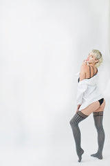 Annabelle: All Work, All Play Pinstripe Thigh Highs. Petite to Plus Size