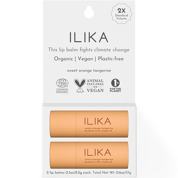 ILIKA Lip balm Organic, Vegan, Plastic-free, 100% Plant-based, 2X Volume, COSMOS Certified Organic, PETA Certified Vegan & Cruelty-Free, 2 Pack, Orange Tangerine