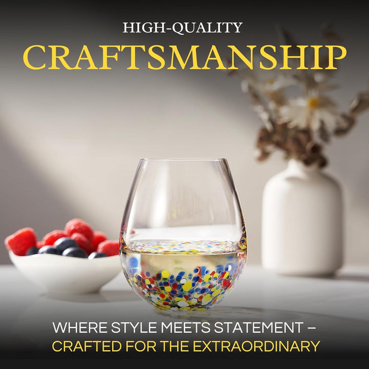 The Wine Savant Mexican Wine Glasses Hand Blown Confetti Rock Artistic Break Resistant Glass Drinkware - Clear