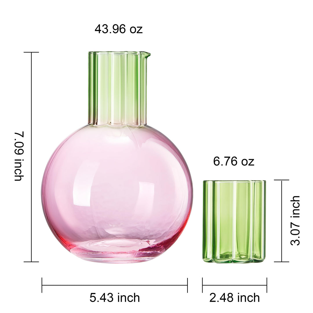 Colorful Carafe & Ribbed Flower Cup Set | 44oz Glasses