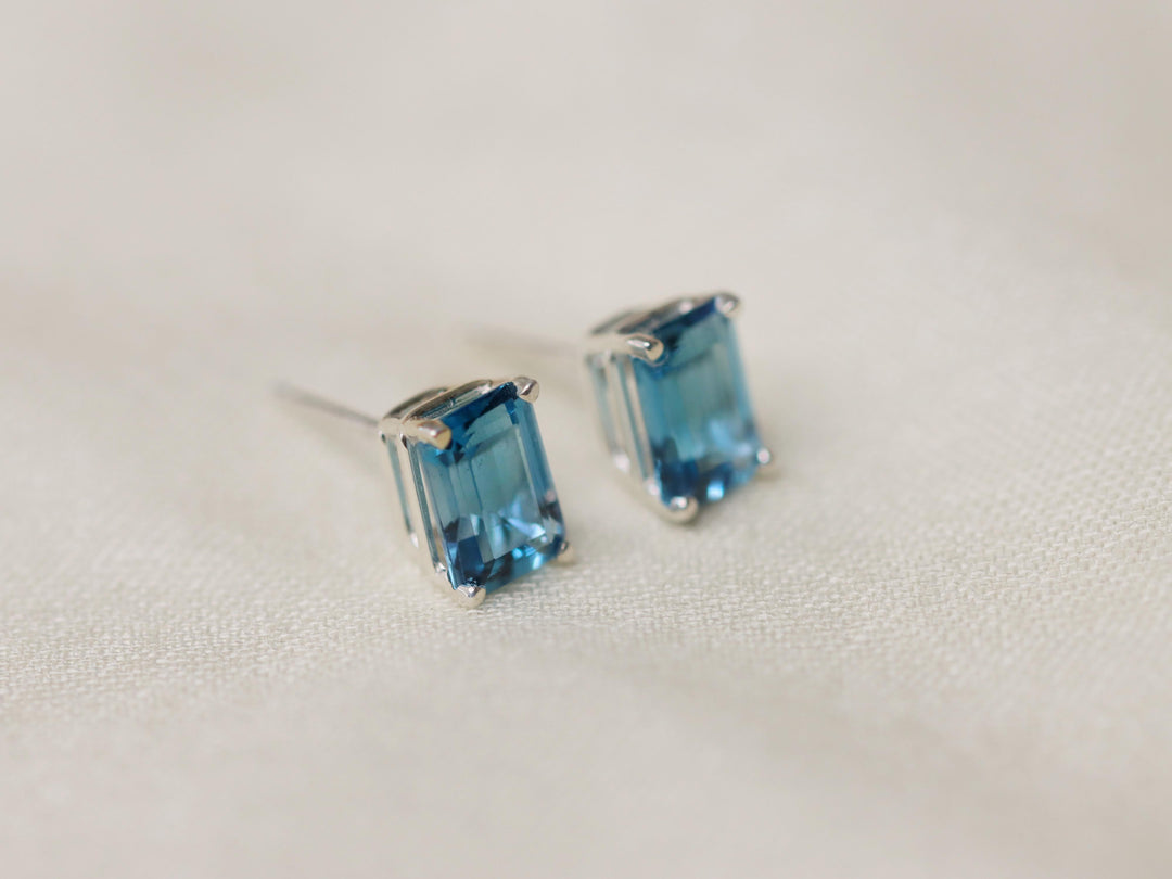 London Blue Topaz Stud Earrings - 7x5 Emerald Cut
