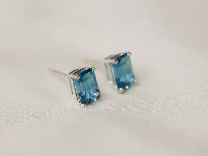 London Blue Topaz Stud Earrings - 7x5 Emerald Cut