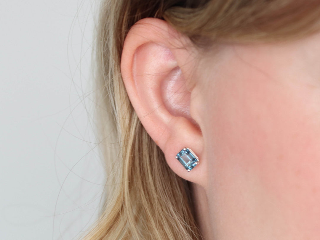 London Blue Topaz Stud Earrings - 7x5 Emerald Cut