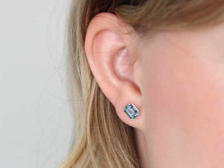 London Blue Topaz Stud Earrings - 7x5 Emerald Cut