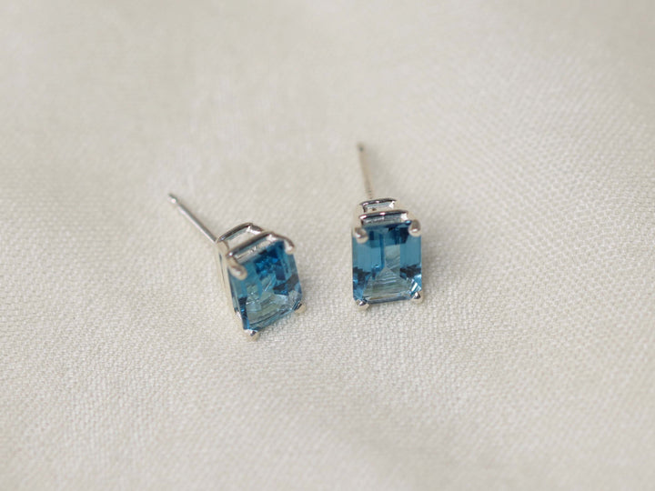London Blue Topaz Stud Earrings - 7x5 Emerald Cut