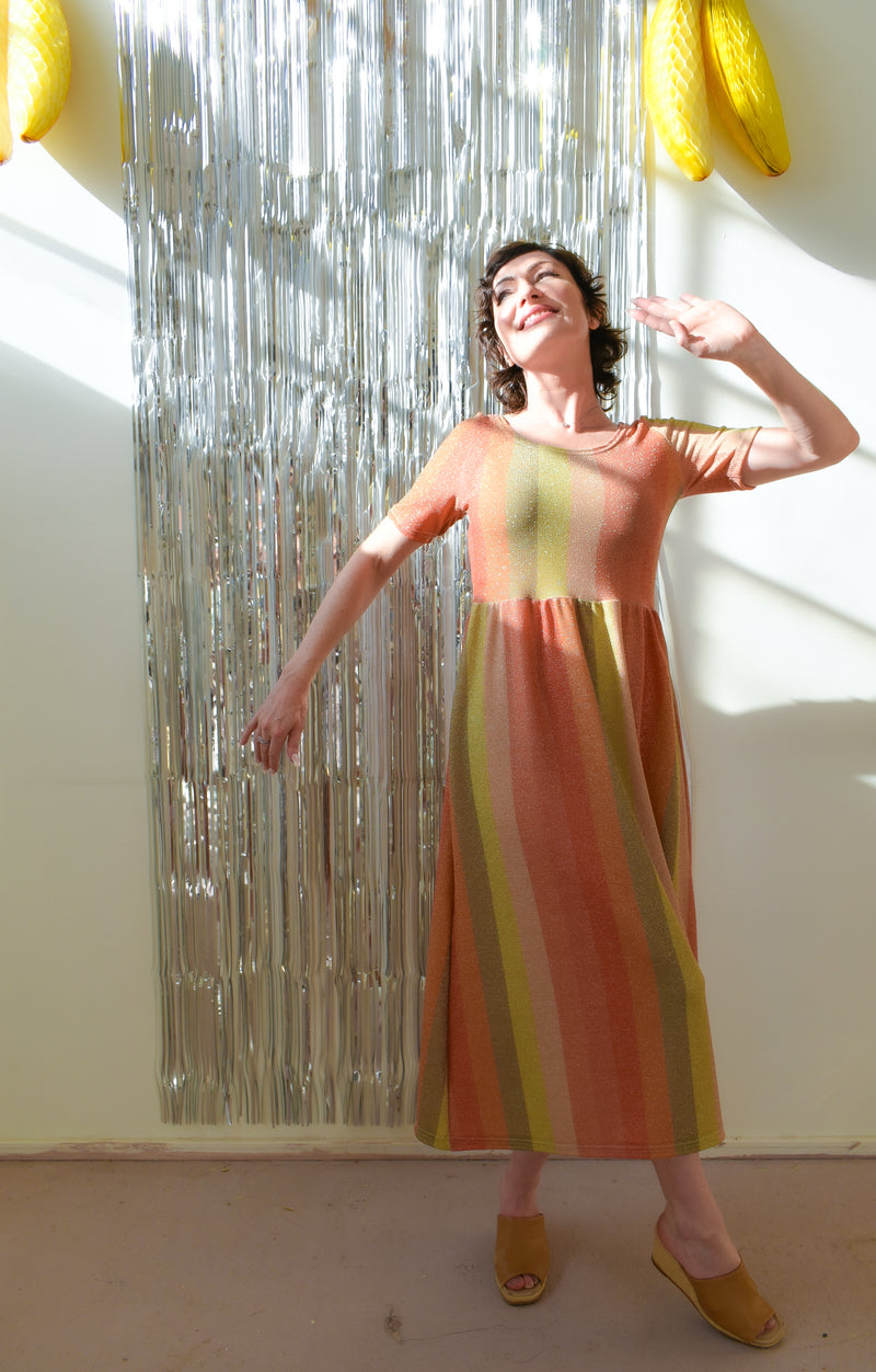 Megumi Dress in Sparkle Stripe Midi Sleeve