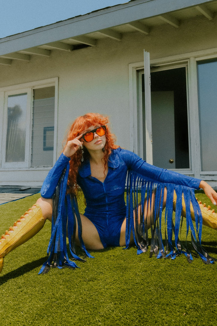 Glitter Fringe Romper in Cobalt