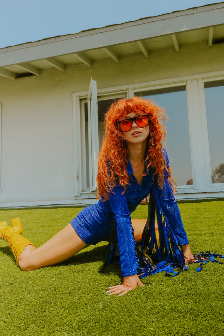 Glitter Fringe Romper in Cobalt