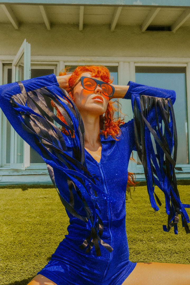 Glitter Fringe Romper in Cobalt