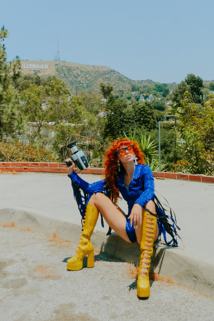 Glitter Fringe Romper in Cobalt