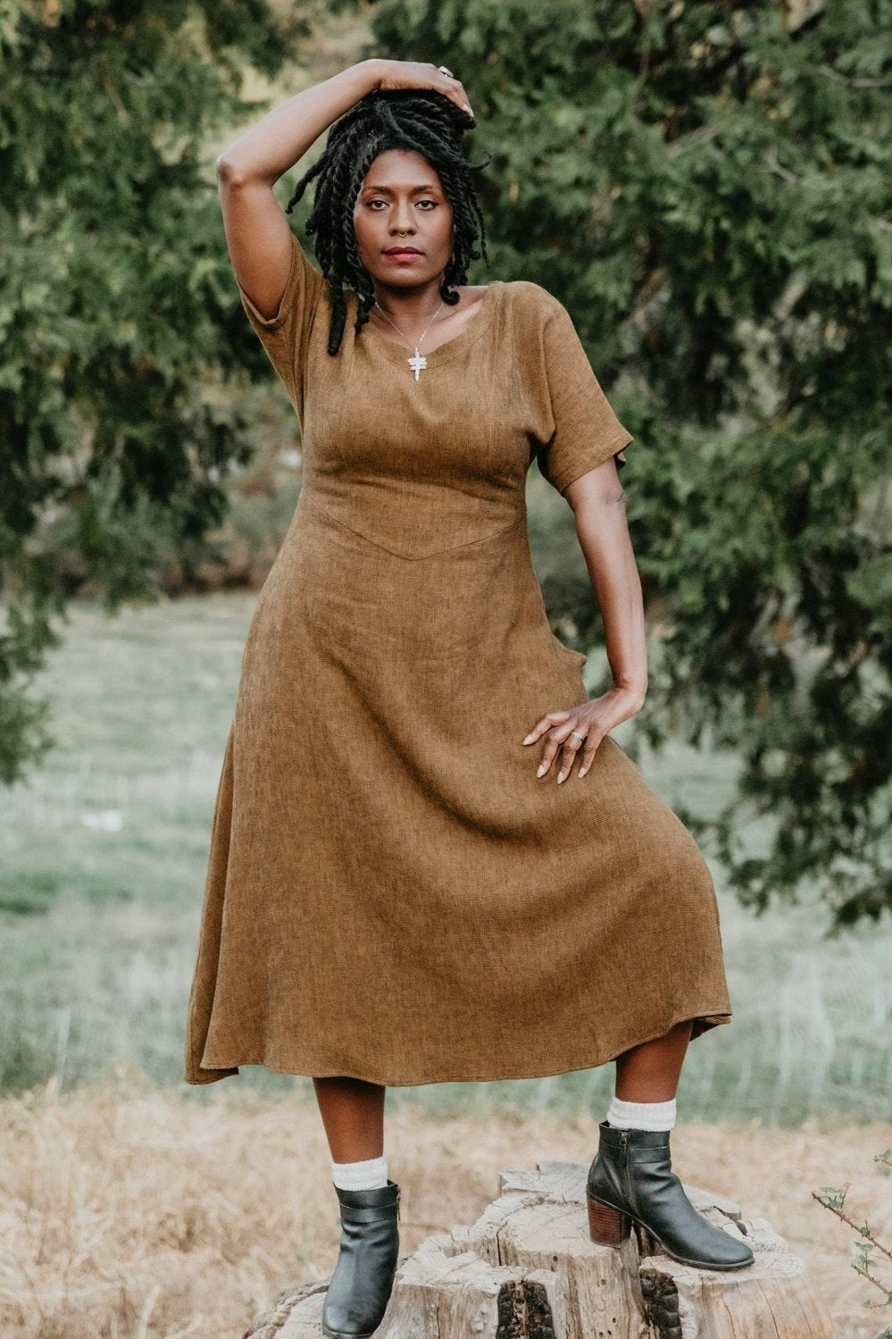 brown ankle length dress Women's The Wood Fit and Flare Crossover Neck Taffeta Ankle Length Dress XS/XS/S/M/L/XL/Customize Brown MEAN BLVD Brown / M main image 1