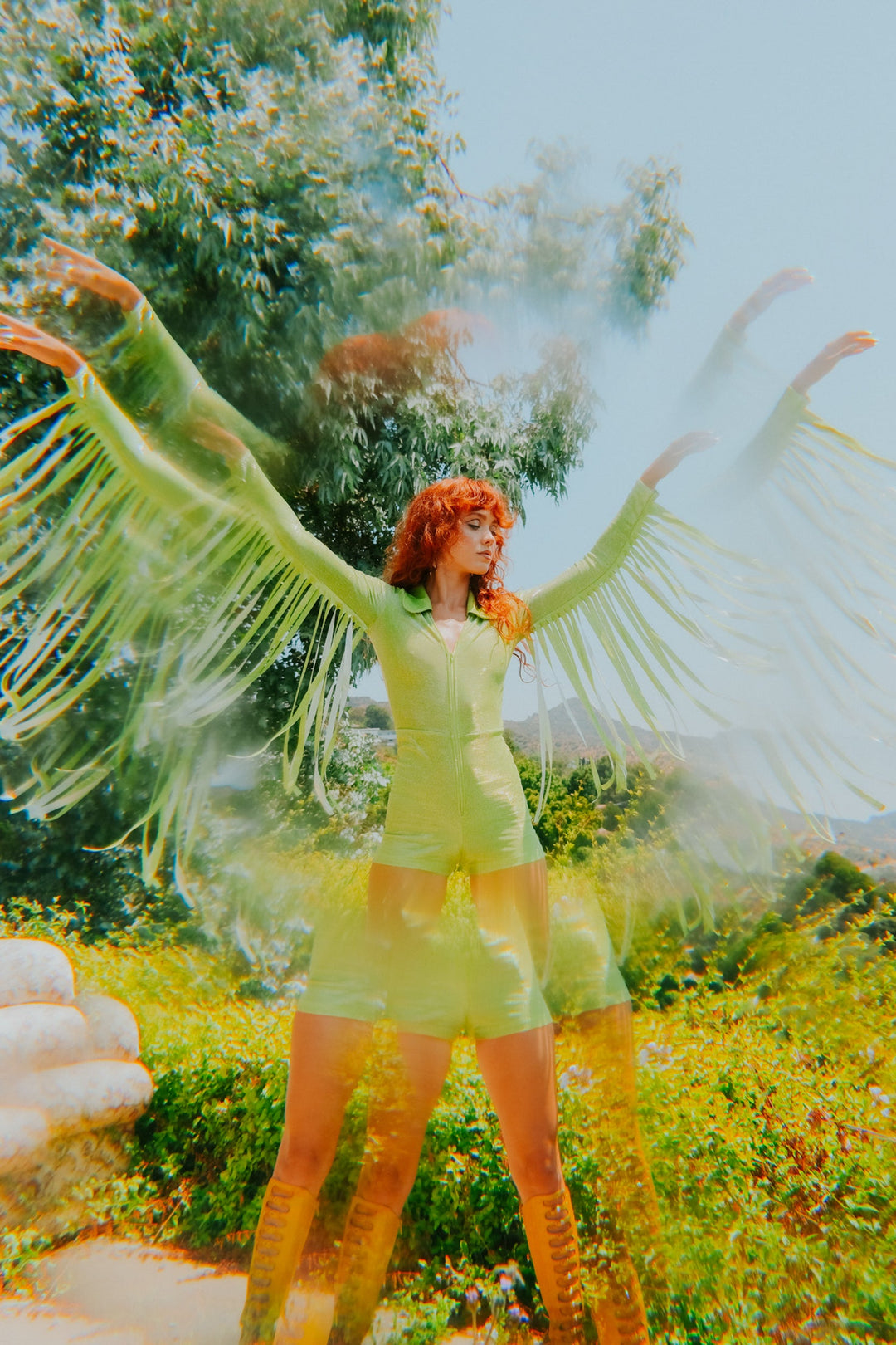 Glitter Fringe Romper in Green