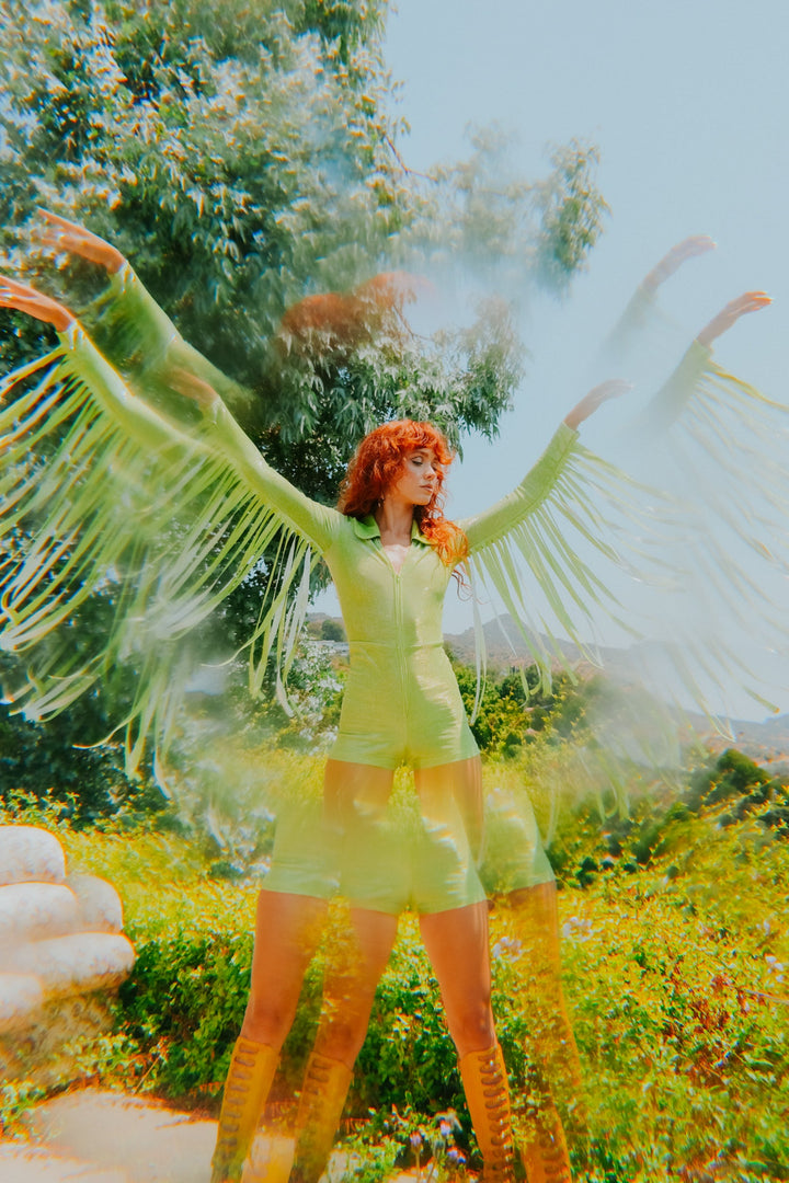 Glitter Fringe Romper in Green