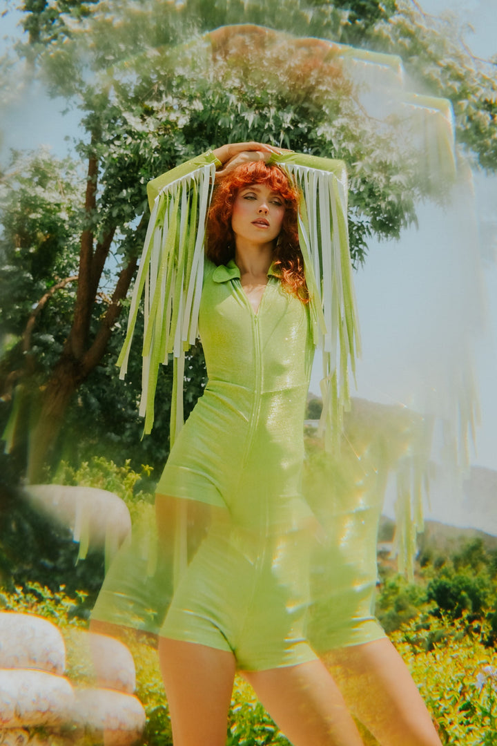 Glitter Fringe Romper in Green