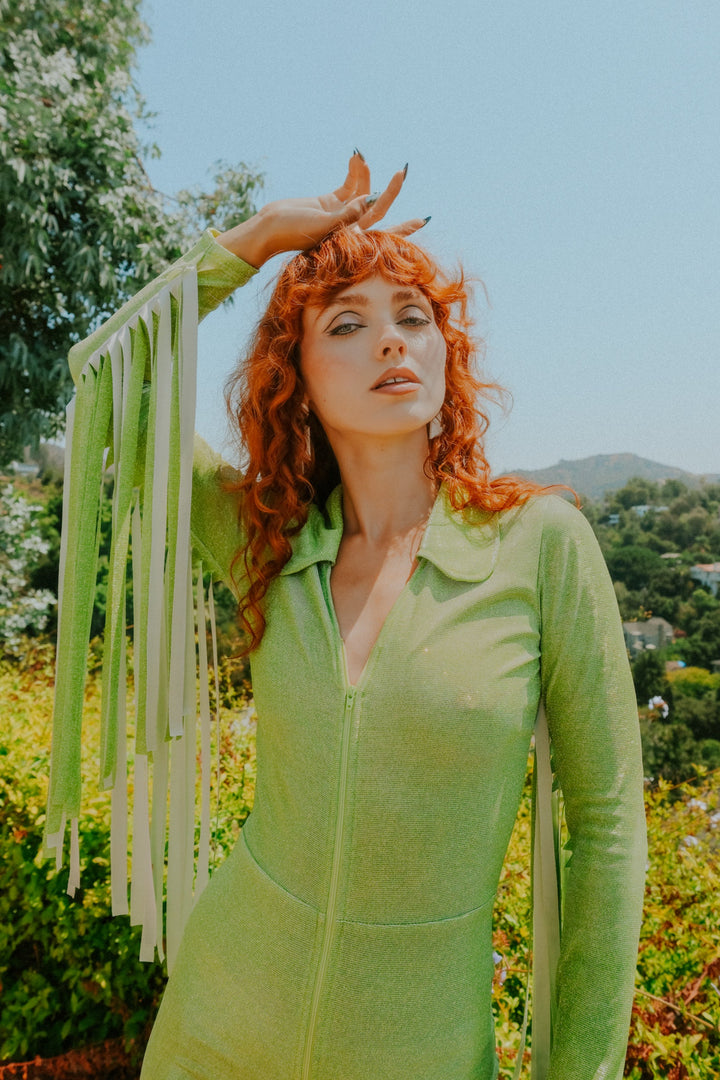 Glitter Fringe Romper in Green
