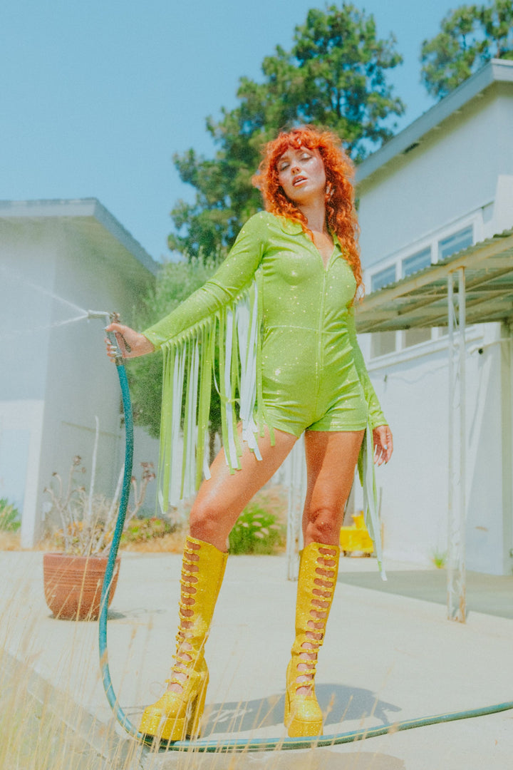 Glitter Fringe Romper in Green