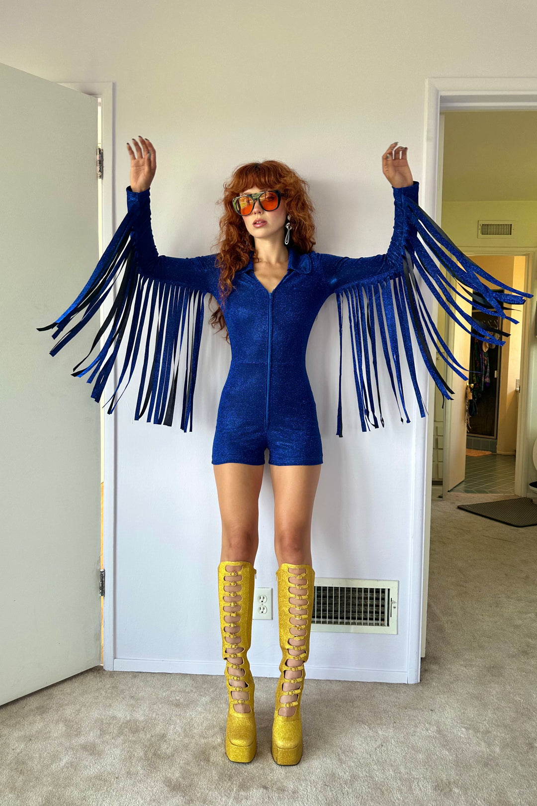 Glitter Fringe Romper in Cobalt