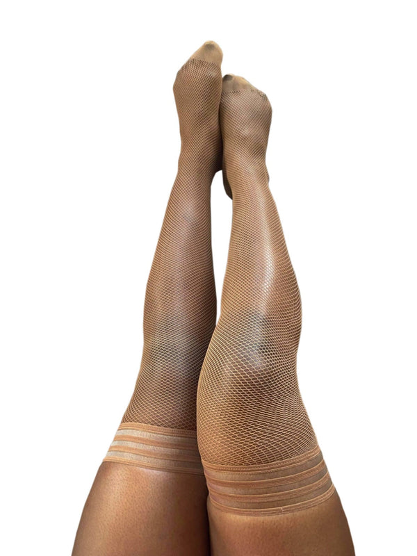 Andie: Chocolate Fishnet Thigh Highs. Petite to Plus Size