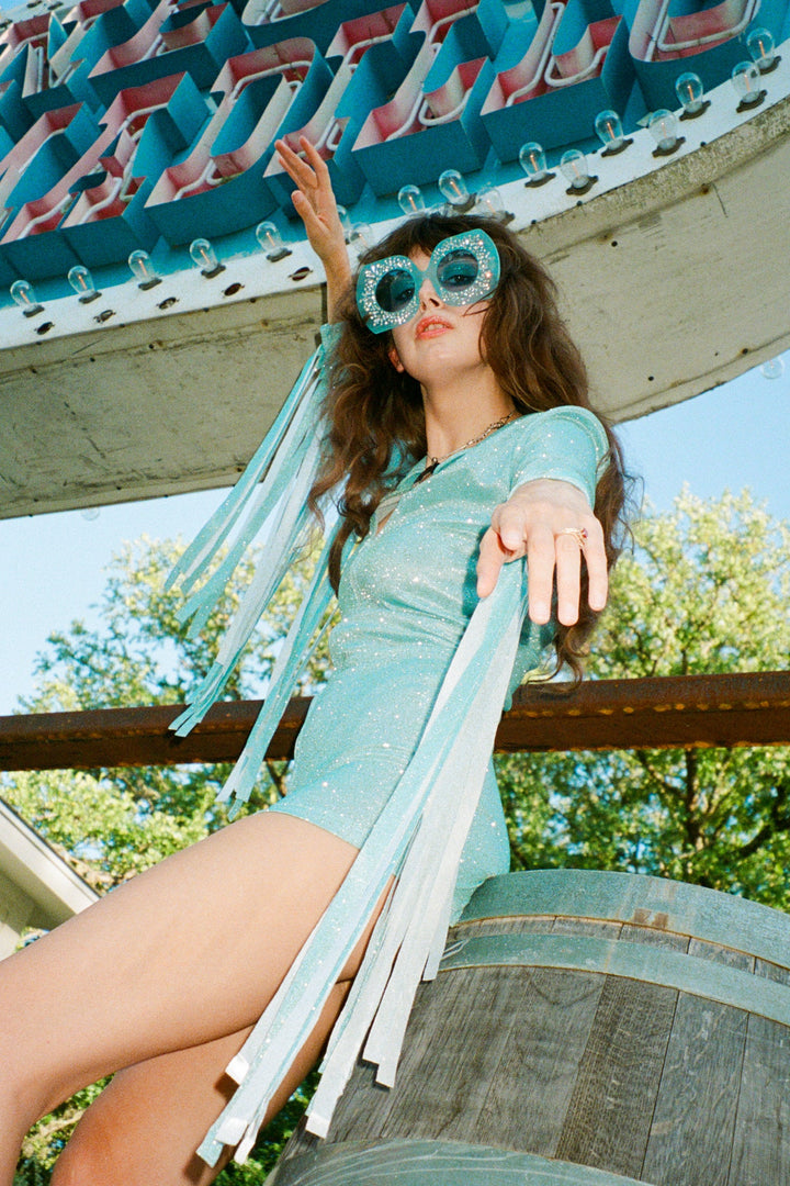 Glitter Fringe Romper in Sky Blue