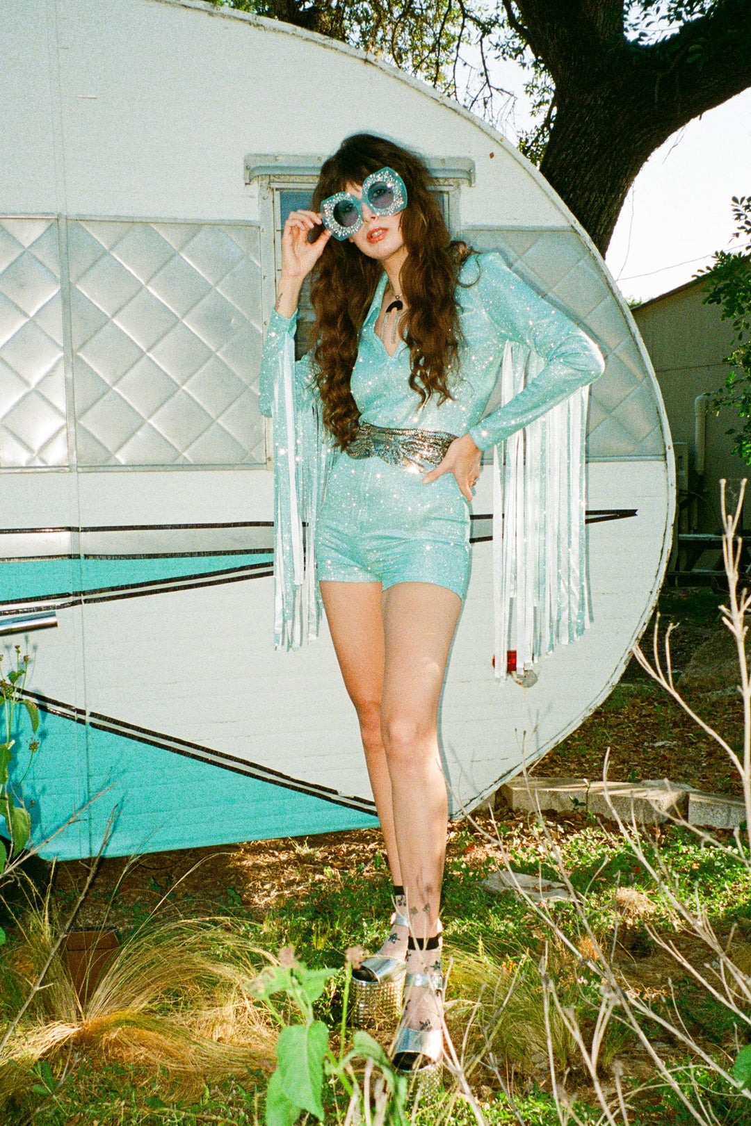 Glitter Fringe Romper in Sky Blue