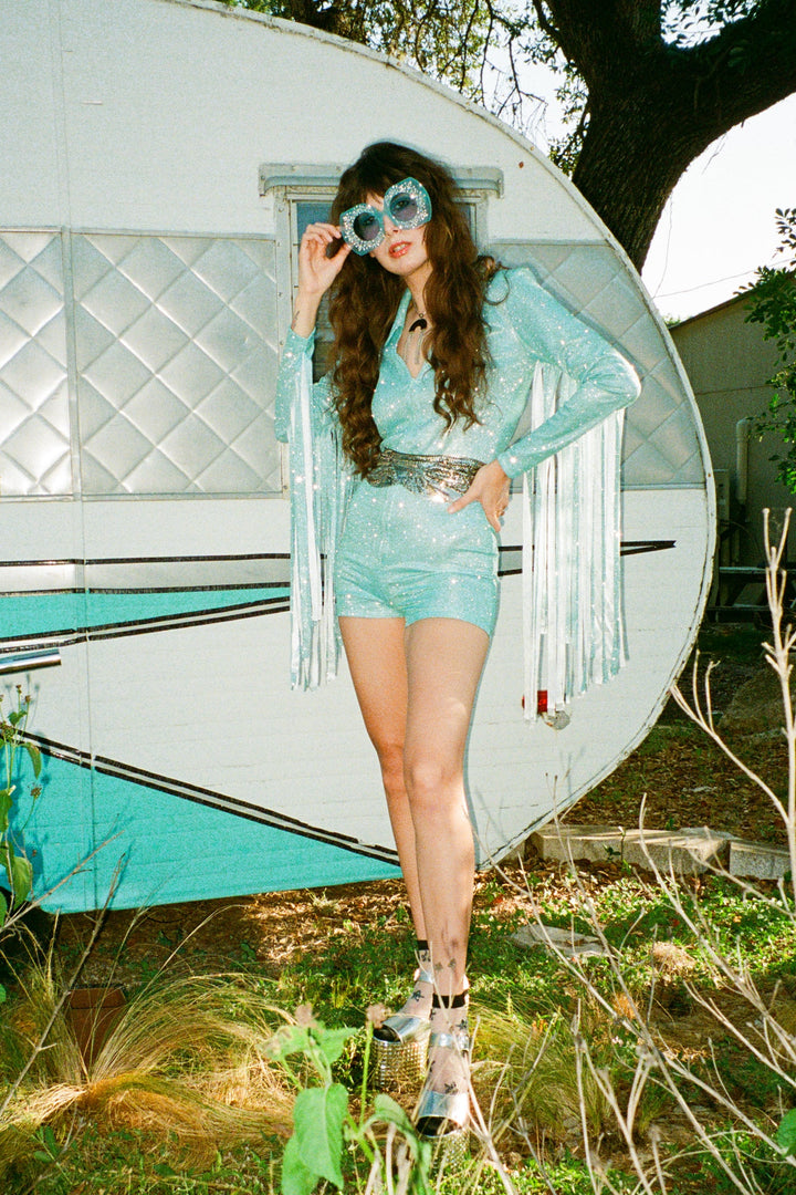 Glitter Fringe Romper in Sky Blue