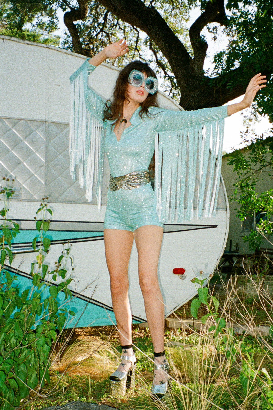 Glitter Fringe Romper in Sky Blue