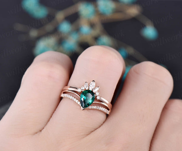 pear emerald wedding bridal ring set