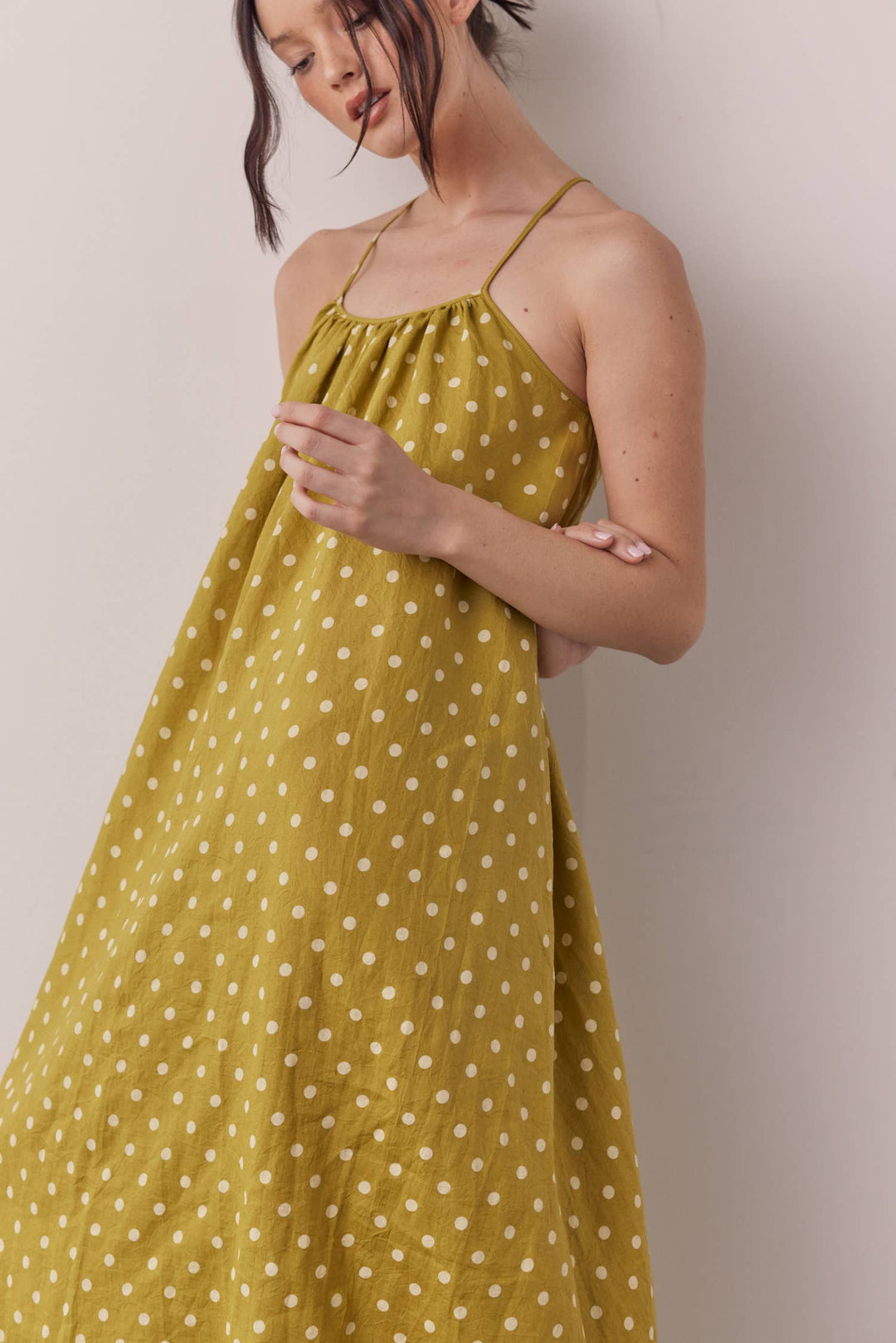 Linen Polka Dot Ankle Dress: Moss