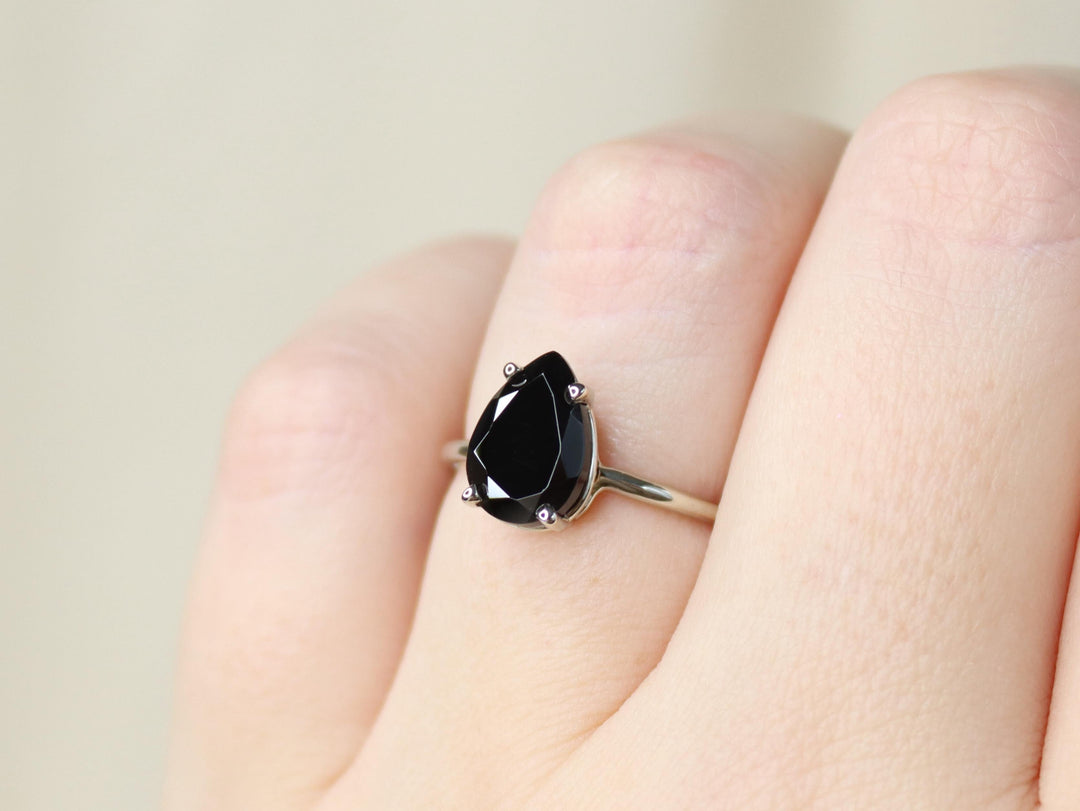 Black Spinel Solitaire Ring - 10x7 Pear
