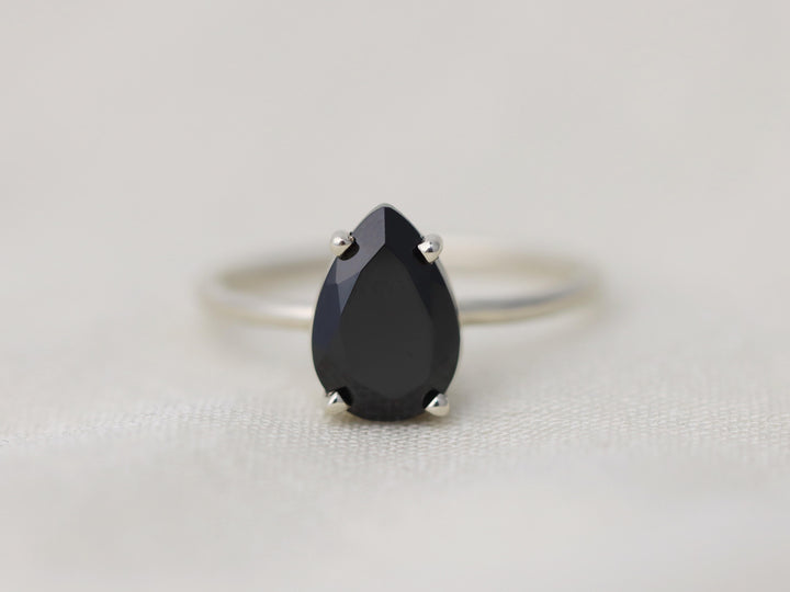 Black Spinel Solitaire Ring - 10x7 Pear