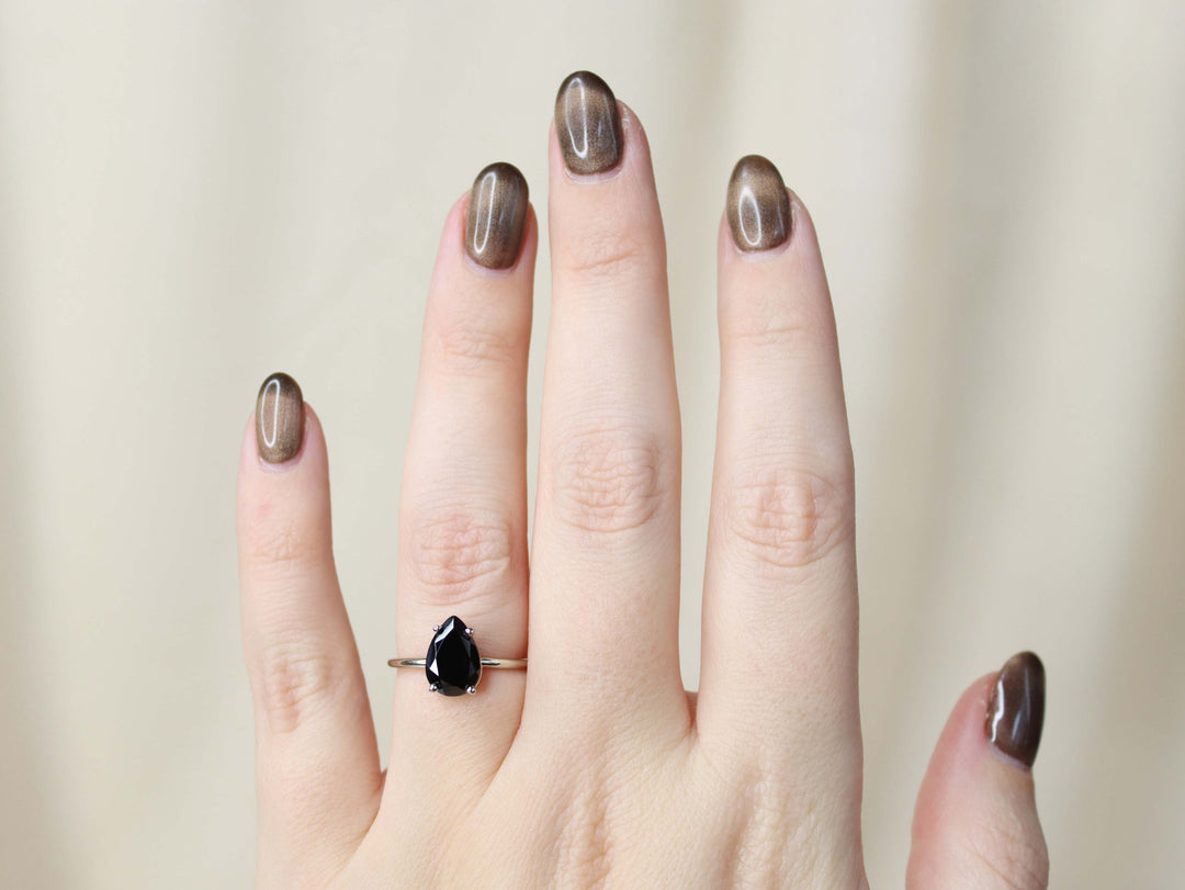 Black Spinel Solitaire Ring - 10x7 Pear