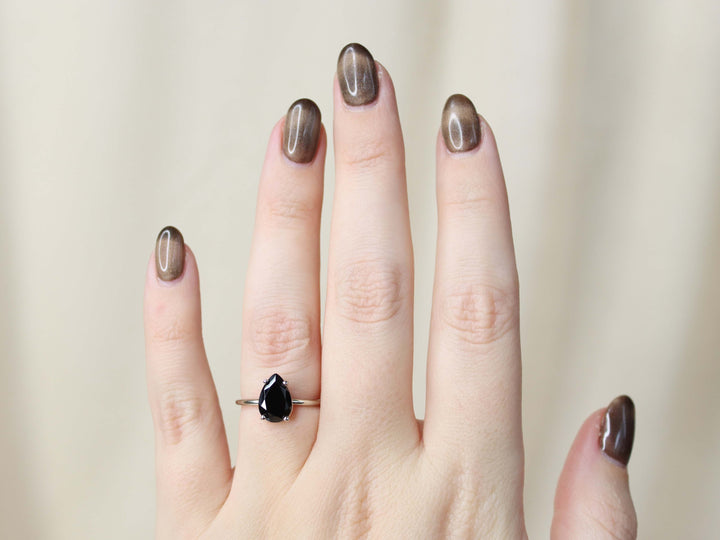 Black Spinel Solitaire Ring - 10x7 Pear