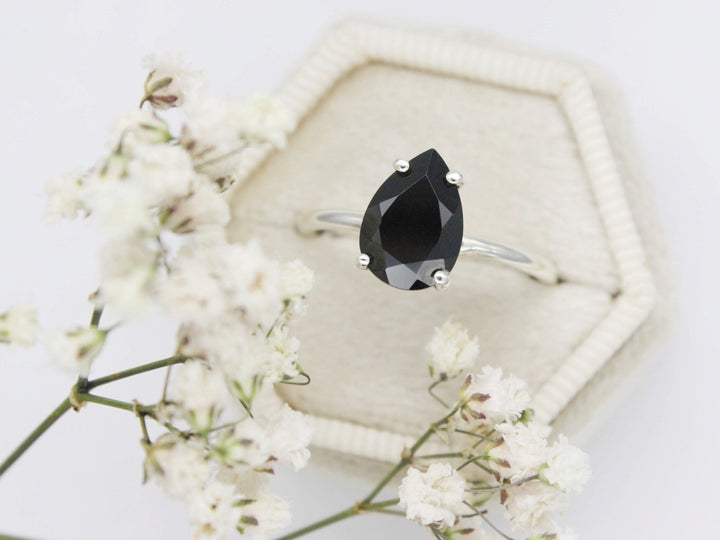 Black Spinel Solitaire Ring - 10x7 Pear