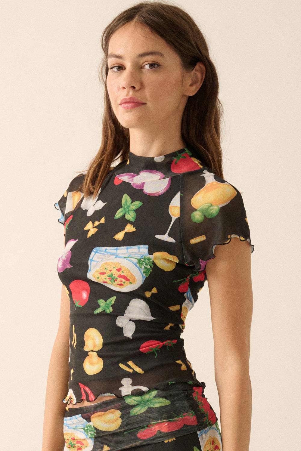 Italian Food Printed Mesh Mock-Neck
