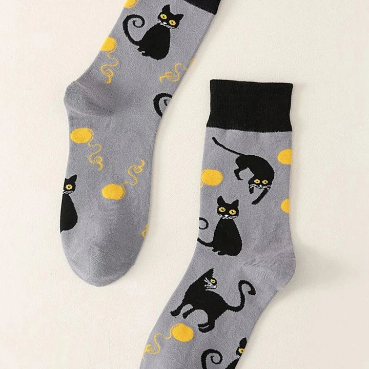 Black Cat Playing with Yarn Socks (Adult Medium)