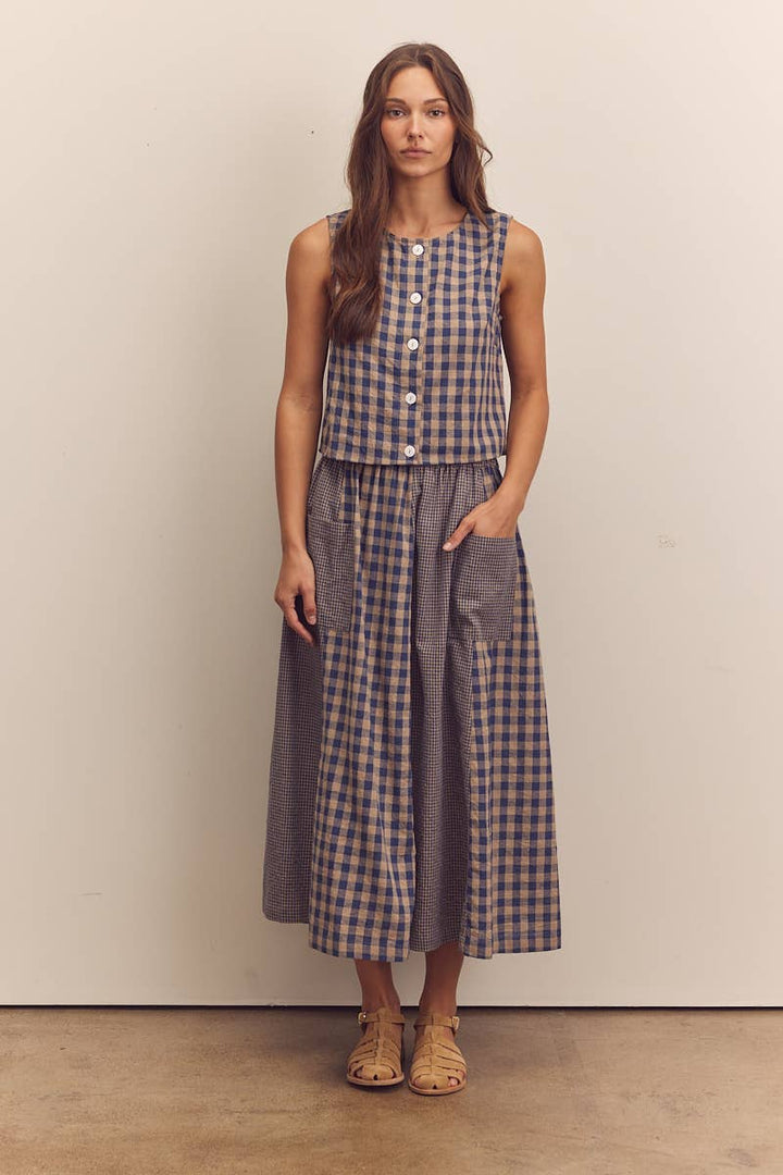 Cotton gingham panel skirt: Blue / Checkered / XS/S