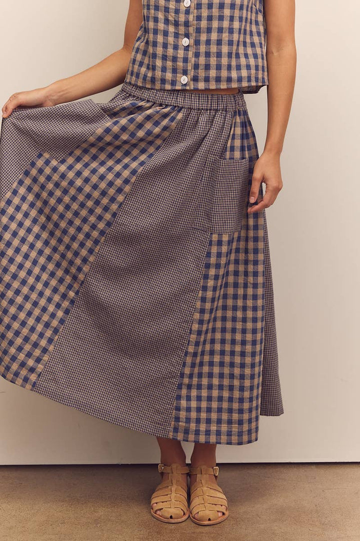 Cotton gingham panel skirt: Blue / Checkered / XS/S