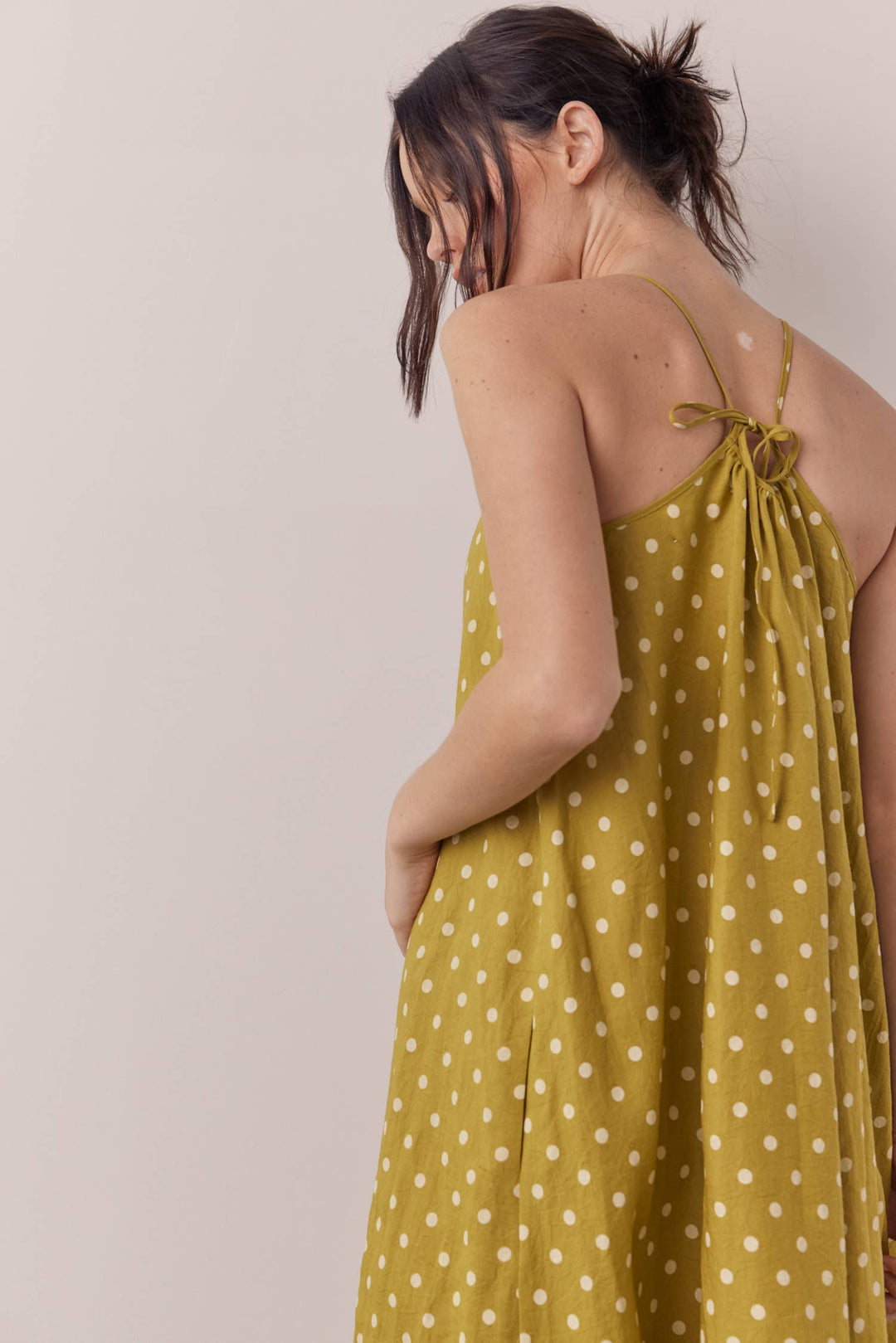 Linen Polka Dot Ankle Dress: Moss