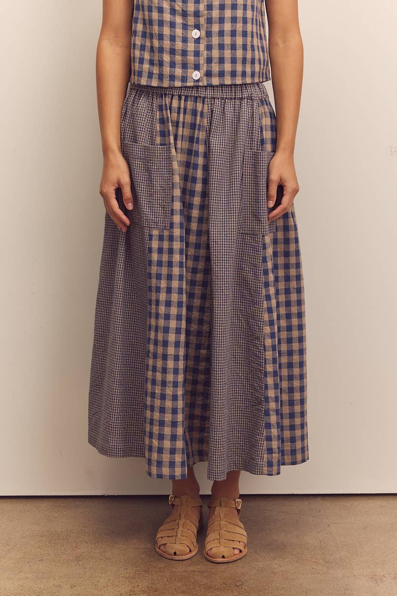 Cotton gingham panel skirt: Blue / Checkered / XS/S