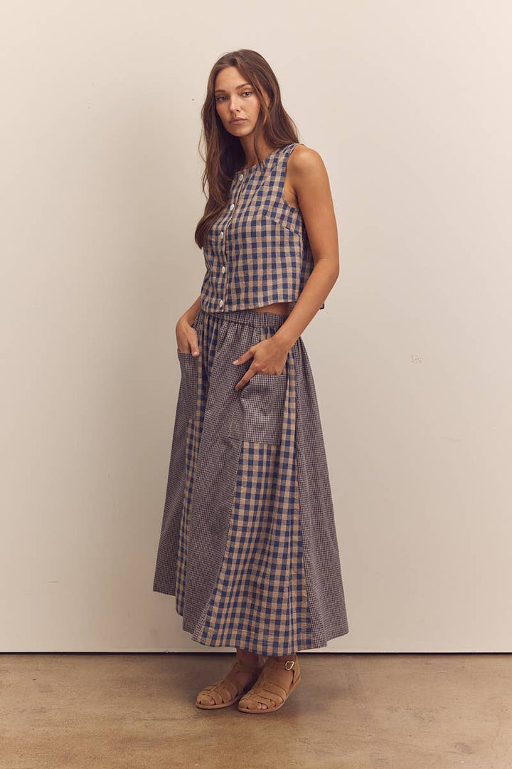 Cotton gingham panel skirt: Blue / Checkered / XS/S
