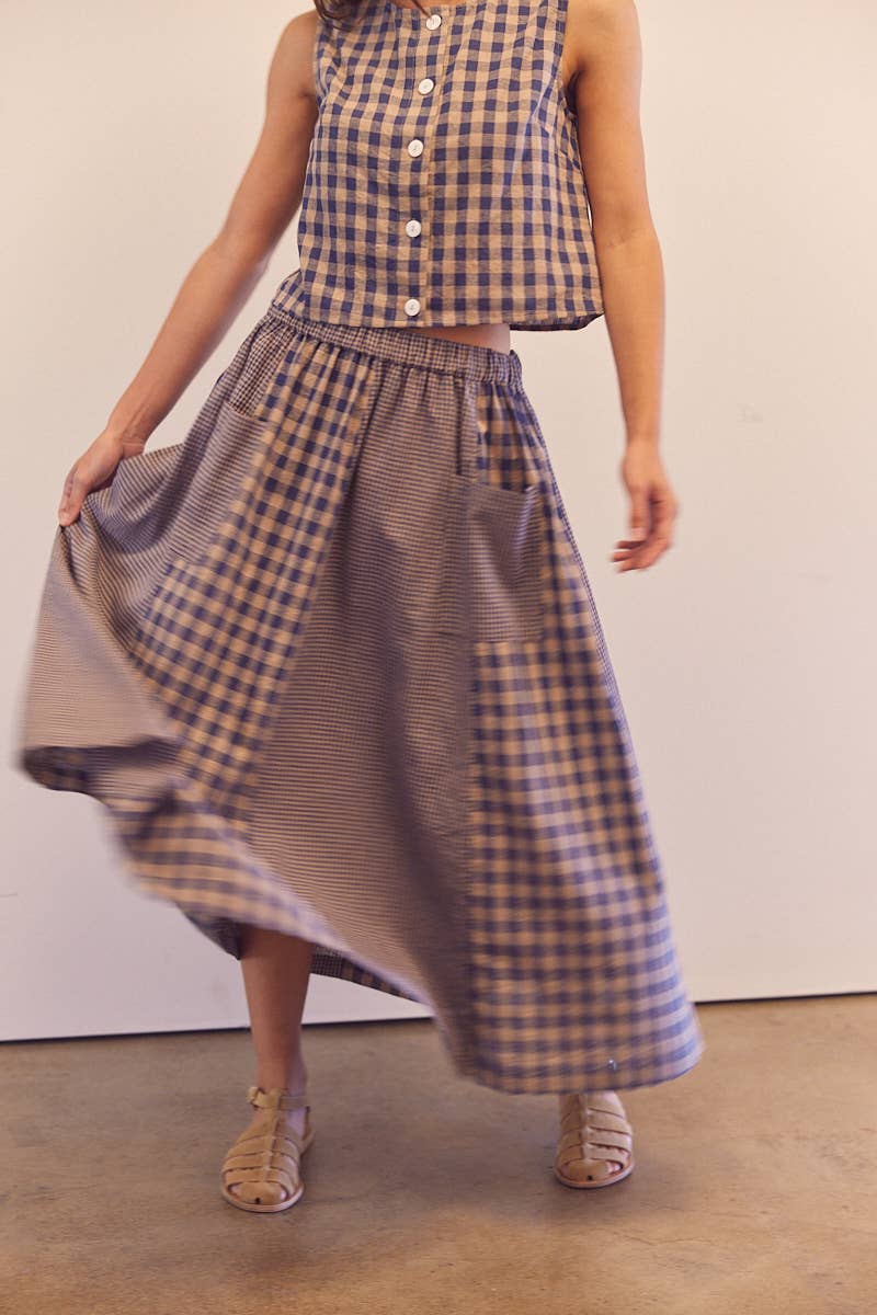 Cotton gingham panel skirt: Blue / Checkered / XS/S