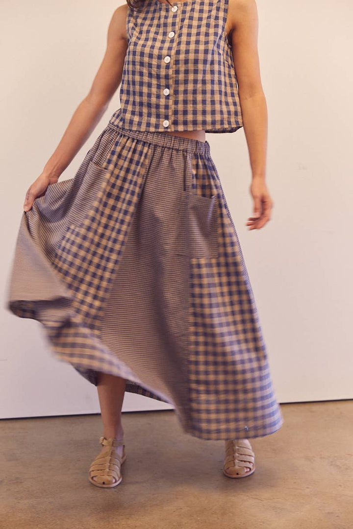 Cotton gingham panel skirt: Blue / Checkered / XS/S