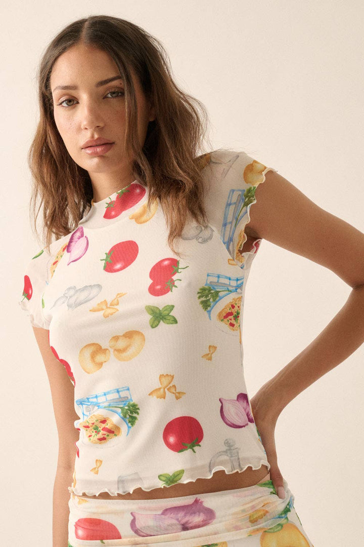 Italian Food Printed Mesh Mock-Neck