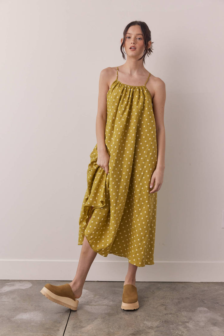 Linen Polka Dot Ankle Dress: Moss