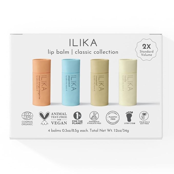 ILIKA Lip Balm Organic, 100% Plant-Based, 2X Volume, Low CO2e - COSMOS Certified Organic, PETA Certified Vegan & Cruelty-Free, Biodegradable Tube 4 Pack, Classic Collection