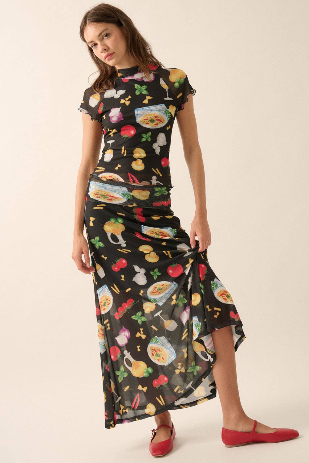 Italian Food Printed Mesh Mock-Neck