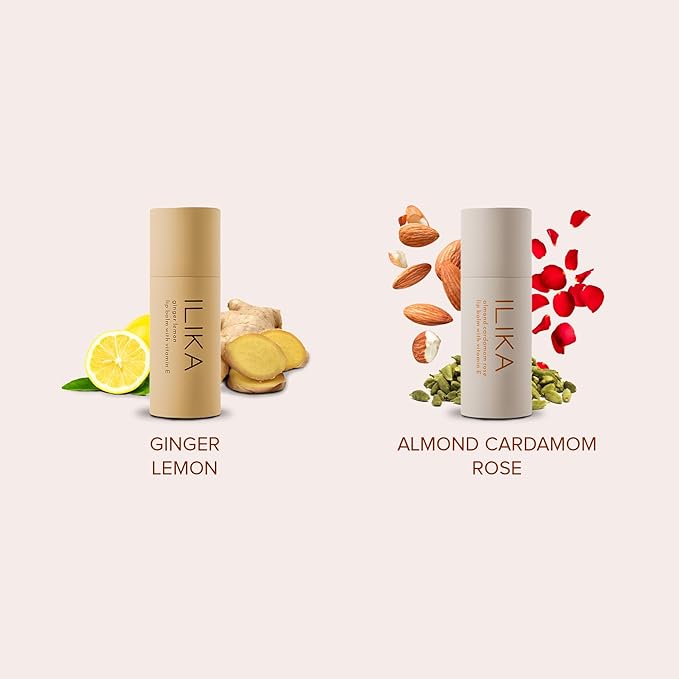 ILIKA Lip balm, Organic, 100% Plant-based, Natural Lip Treatment, COSMOS Certified Organic, PETA Certified Vegan & Cruelty-Free 2 Pack, Ginger Lemon & Almond Cardamom Rose