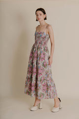 Smocked Bustier Dress in Floral Oyster