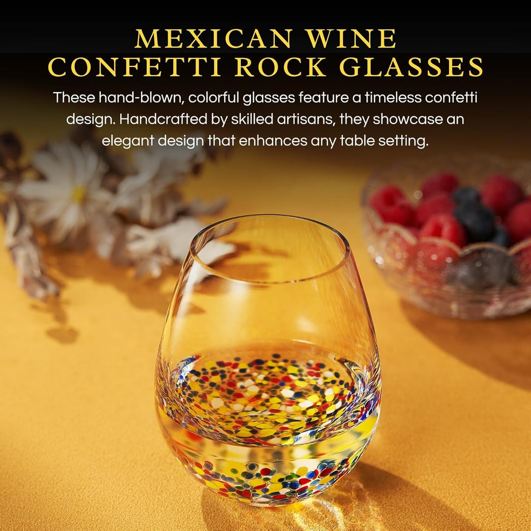 The Wine Savant Mexican Wine Glasses Hand Blown Confetti Rock Artistic Break Resistant Glass Drinkware - Clear
