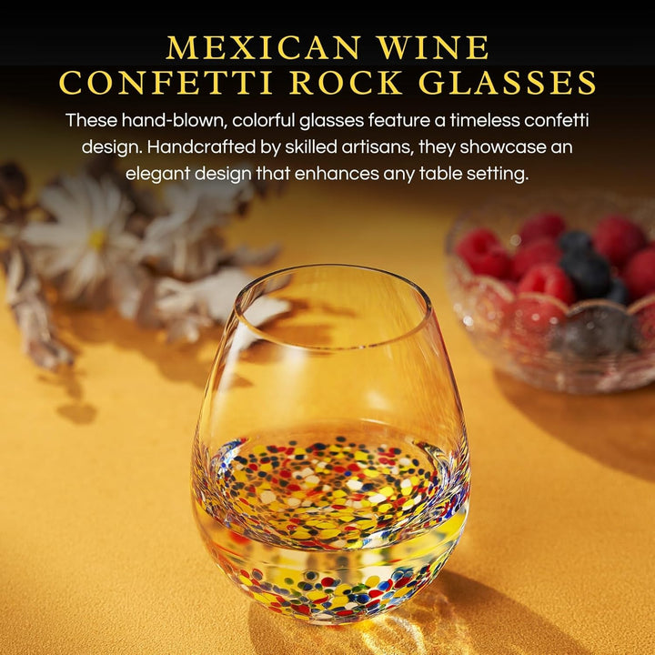 The Wine Savant Mexican Wine Glasses Hand Blown Confetti Rock Artistic Break Resistant Glass Drinkware - Clear